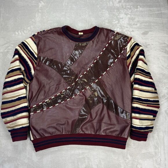 Vtg ‎ Man Art Mens Chunky Knit Leather Acrylic Coogi Style Sweater 2XL (Stains) - Picture 1 of 16